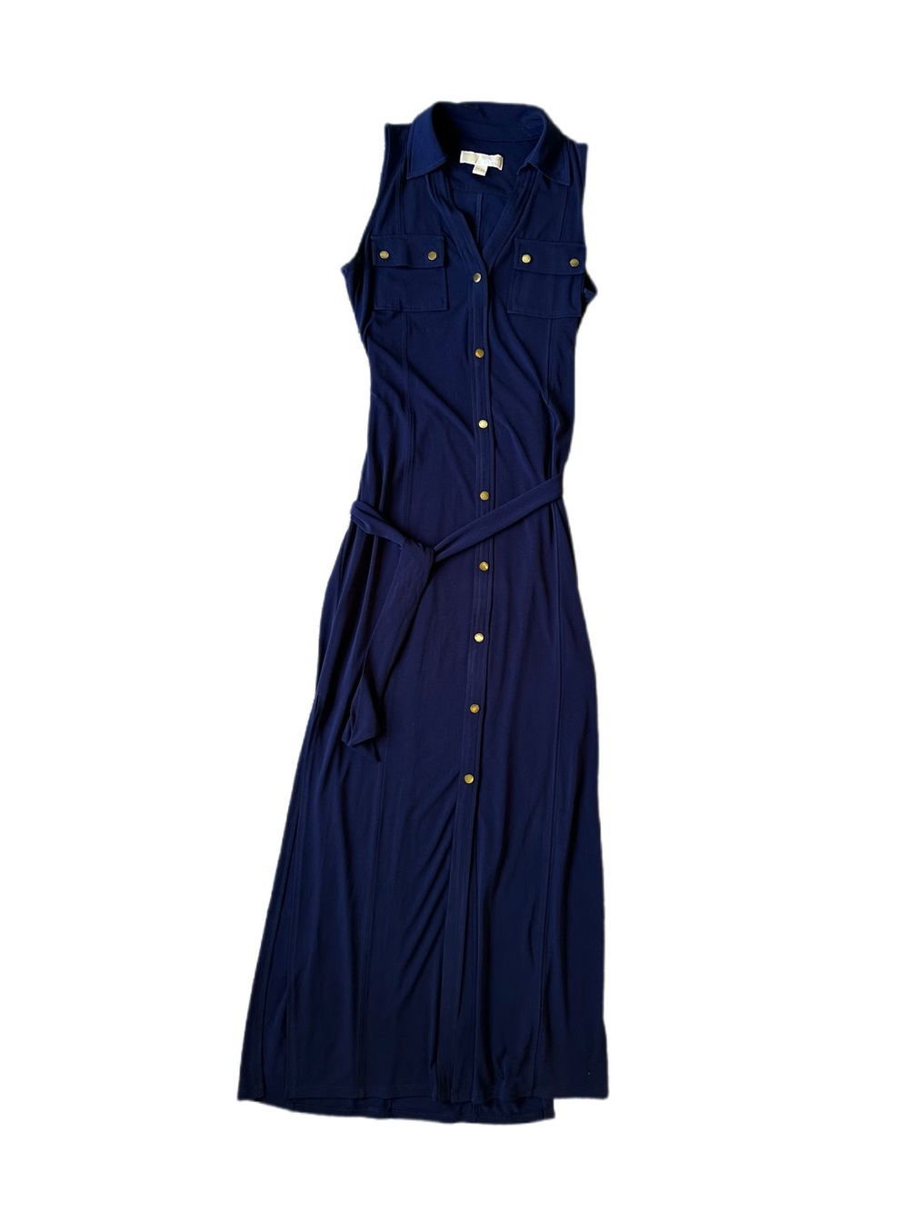 Michael Kors Sleeveless Navy Button-Front Maxi Dress with Tie Belt